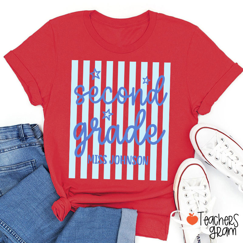 Personalized Grade Blue Gingham Stripes Teacher T-Shirt