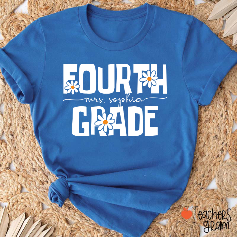Personalized Name And Grade Daisy Floral Teacher T-Shirt