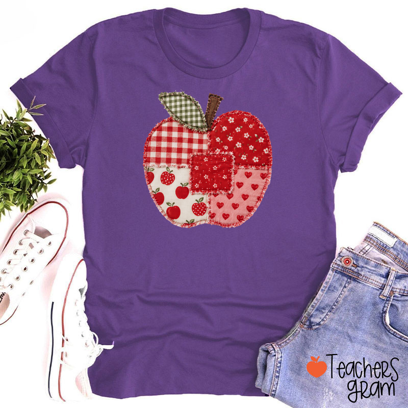 Vintage Patchwork Apple Gingham Floral Heart Teacher Graphic Teacher T-Shirt