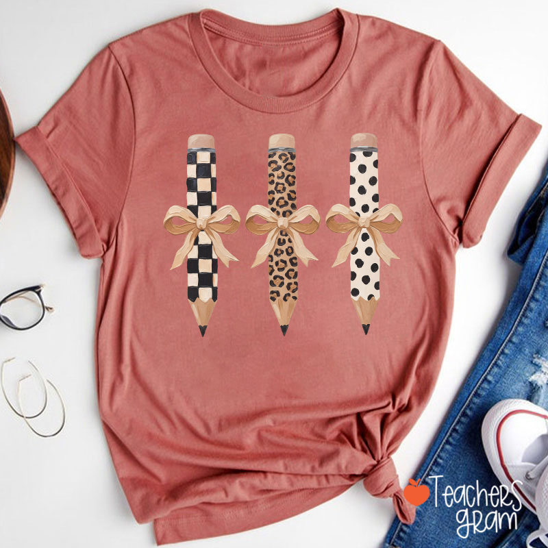 Checkerboard Leopard And Polka Dot Bow Pencil Teacher T-Shirt