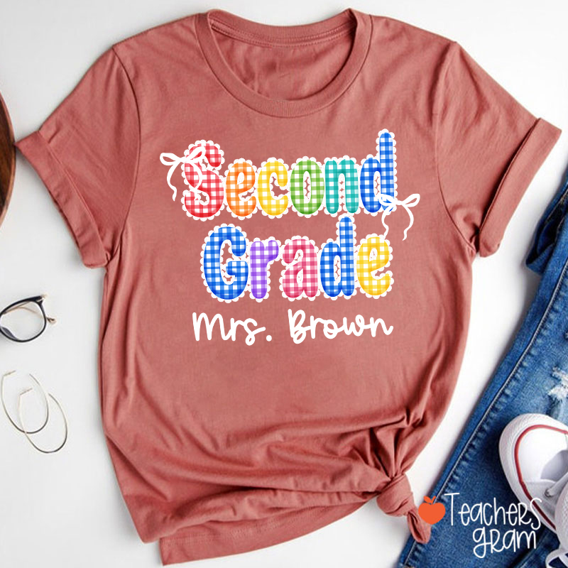 Personalized Grade Name Rainbow Gingham Teacher T-Shirt