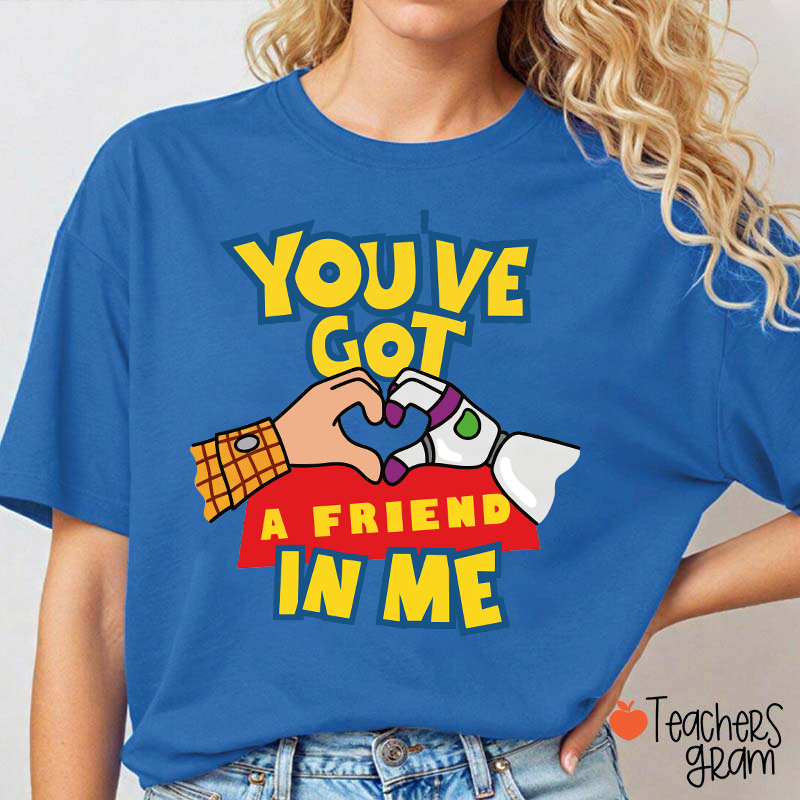 You've Got A Friend In Me Cartoon Cowboy Astronaut Hand Heart Friendship Teacher T-Shirt