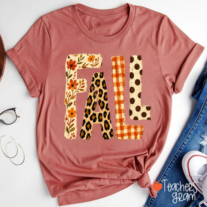 Vintage Patchwork Fall Letter Teacher T‑Shirt