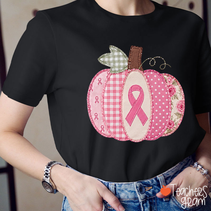 Pink Faux Patchwork Pumpkin Ribbon Teacher T‑Shirt