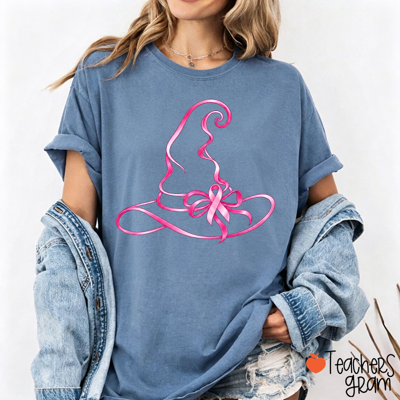 Halloween Witch Hat Pink Ribbon Breast Cancer Support Teacher T‑Shirt