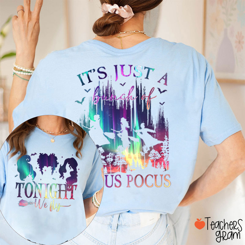 Tonight We Fly Witch Silhouette Broom Bat Teacher Two Sided T‑Shirt
