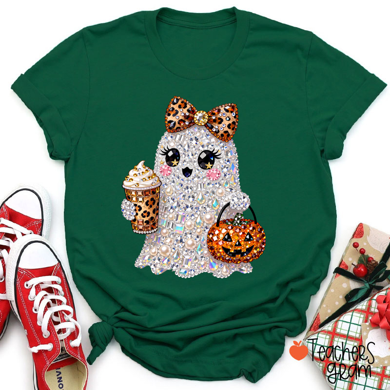Faux Rhinestone Ghost Leopard Bow Coffee Pumpkin Teacher T-Shirt