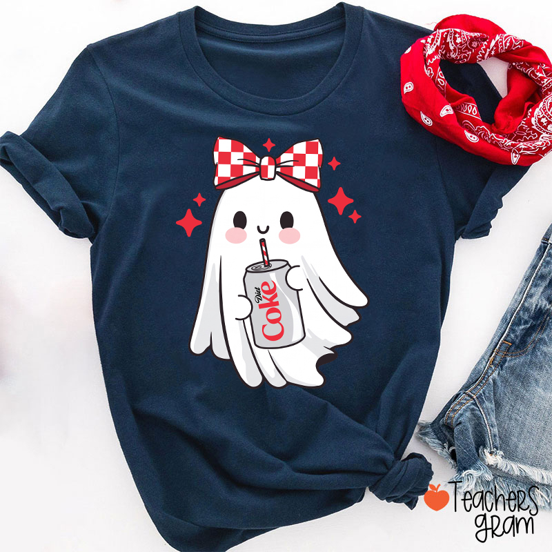 Cute Ghost With Red Checkered Bow Soda Drink Halloween Teacher T-Shirt