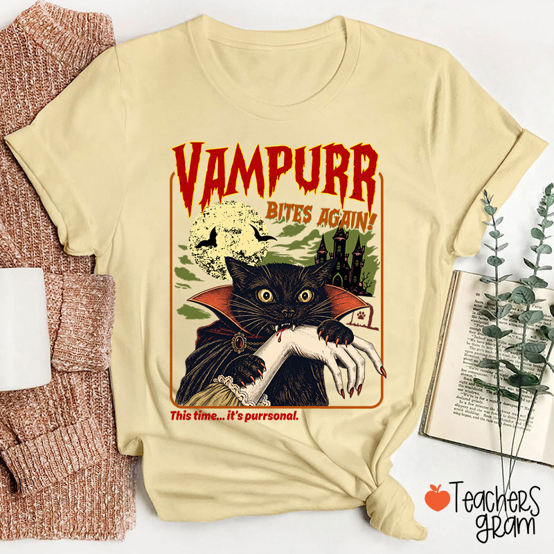 Vampurr Bites Again Vampire Black Cat Halloween Teacher T-Shirt