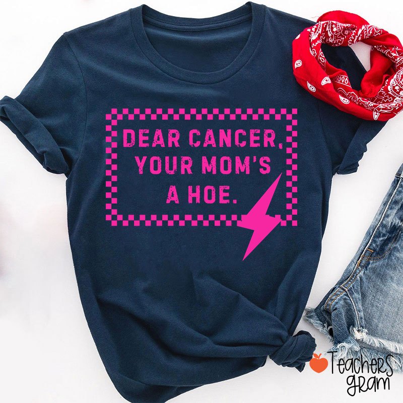 Funny Anti‑Cancer Quote Pink Checker Lightning Bolt Teacher T-Shirt