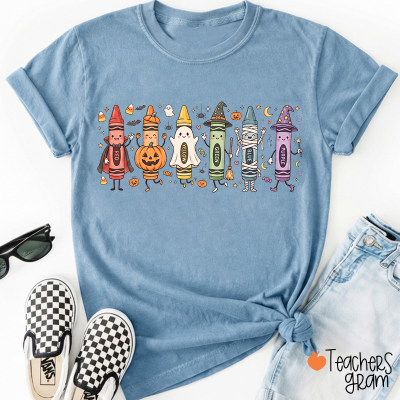 Halloween Cartoon Crayons Character Teacher T-Shirt
