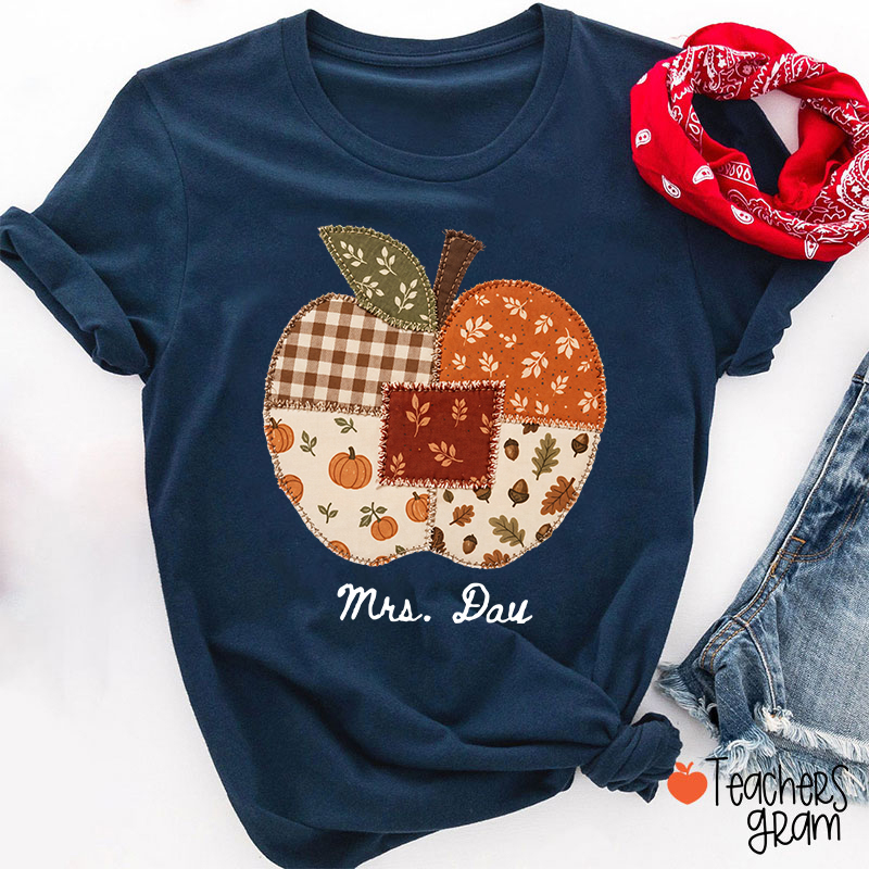 Personalized Name Faux Patchwork Punkpkin Teacher T-Shirt