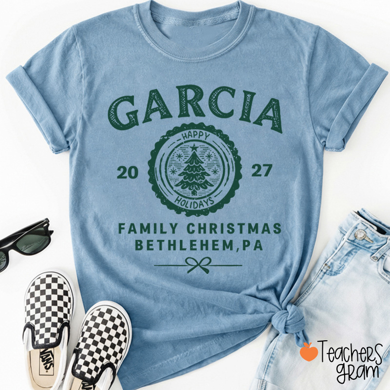 Personalized Vintage Family Christmas Crest Teacher T-Shirt