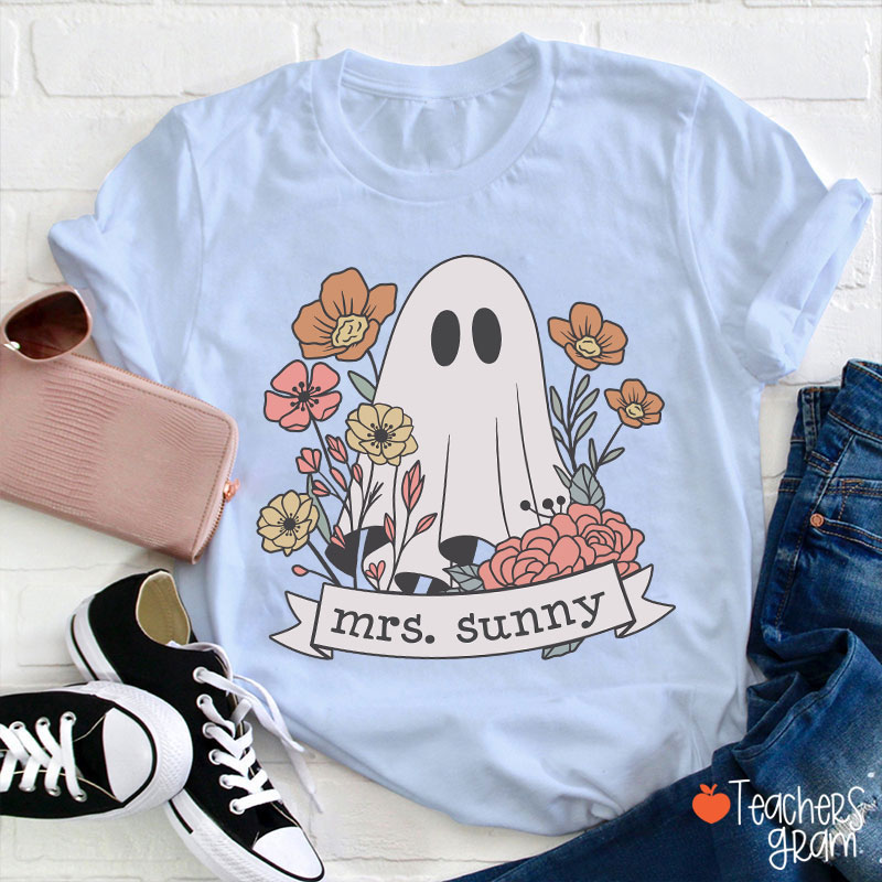 Personalized Name Floral Ghost Teacher T-Shirt
