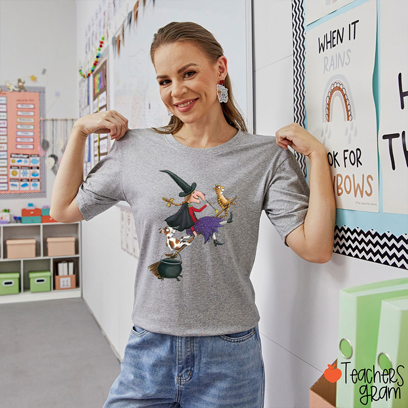 Witch Dog Cat Dark Gothic Halloween Teacher T-Shirt
