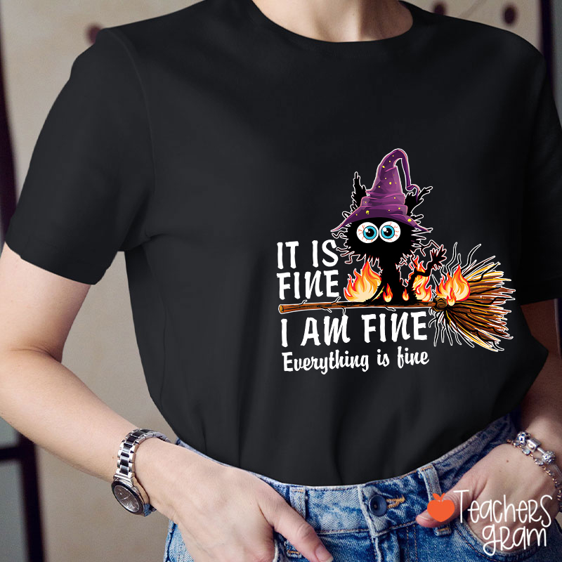 It Is Fine I Am Fine Everything Is Fine Halloween Broom Cat Teacher T-Shirt