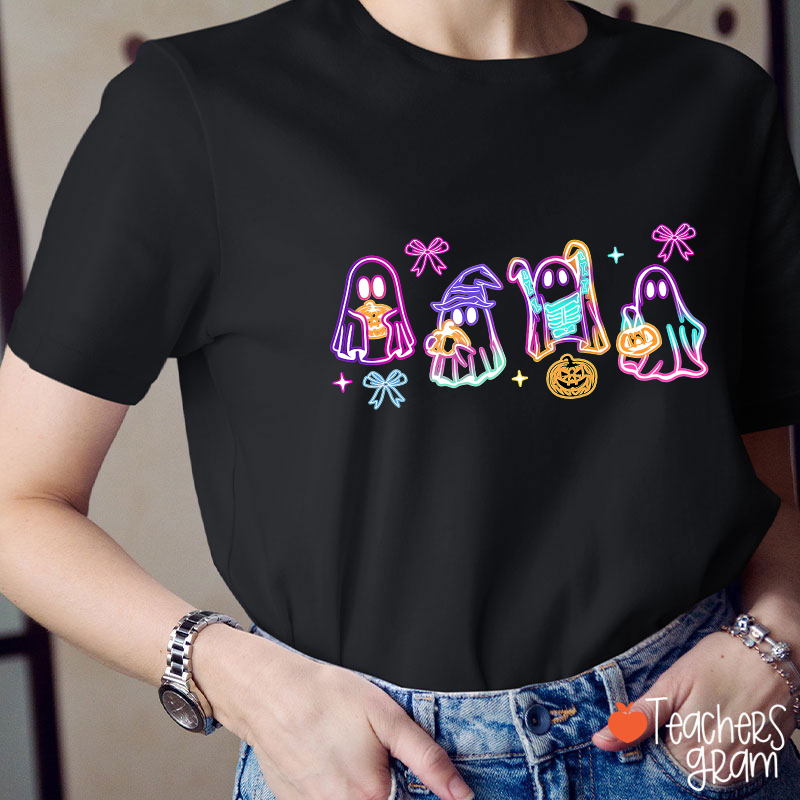 Colorful Neon Ghost Pumpkin Teacher T-Shirt