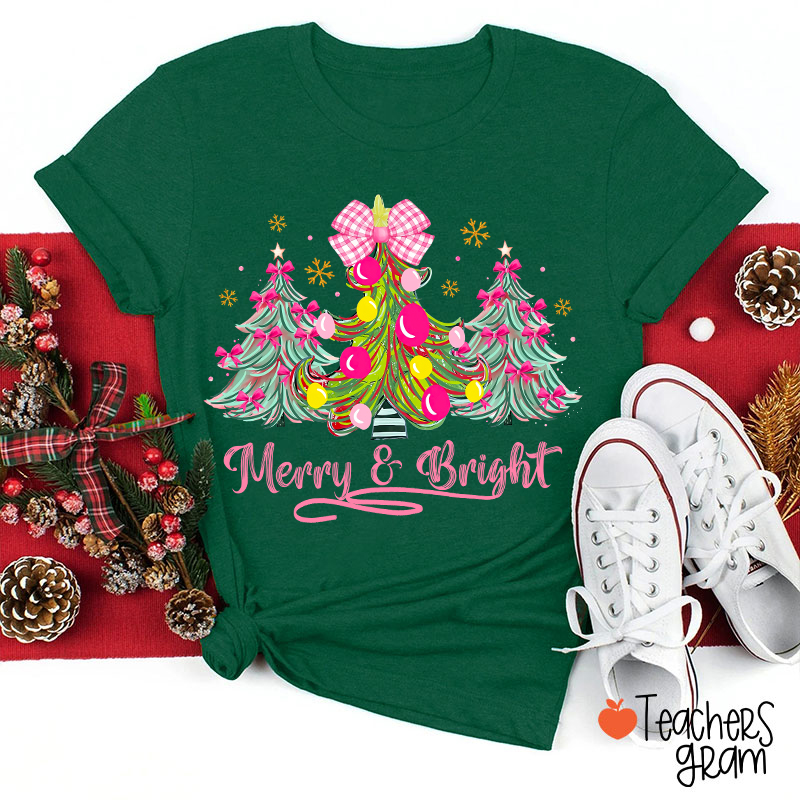 Fantasy Bow Christmas Tree Merry And Bright Christmas Teacher T-Shirt