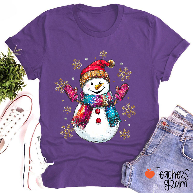 Colorful Scarves Snowman Teacher T-Shirt