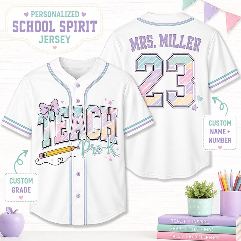 Personalized Grade And Name Rainbow Printing Letter Teacher Baseball Jersey