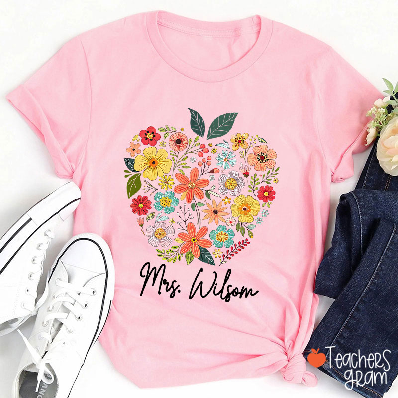 Personalized Floral Apple Name Teacher T-Shirt