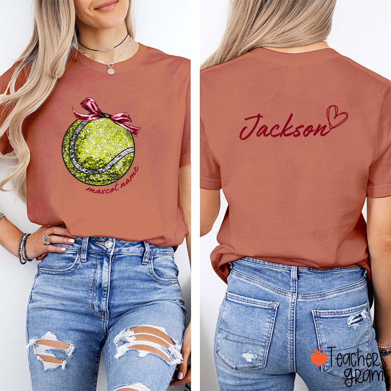 Personalized Mascot And Sport Faux Glitter Coquette Bow Teacher Two Sided T-Shirt