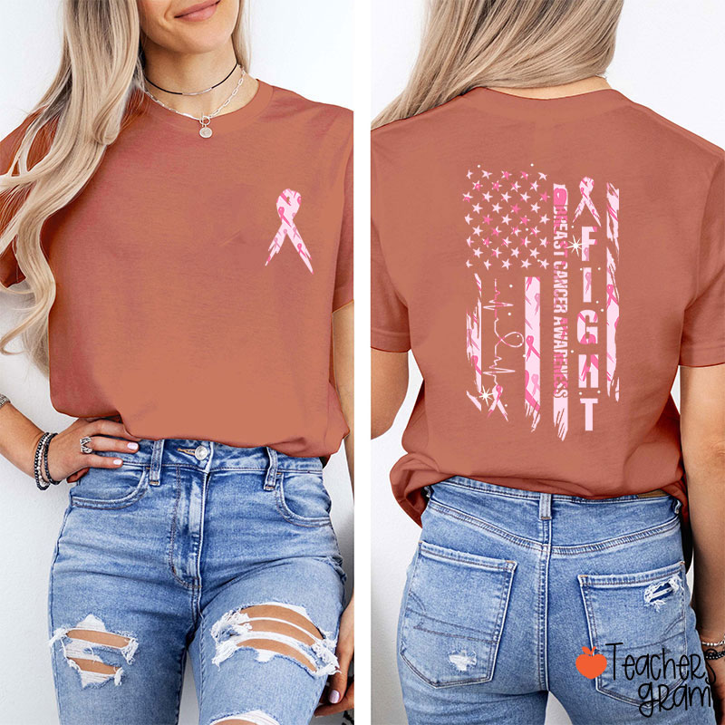 Pink Ribbon Fight Breast Cancer Awareness Teacher Two Sided T-Shirt