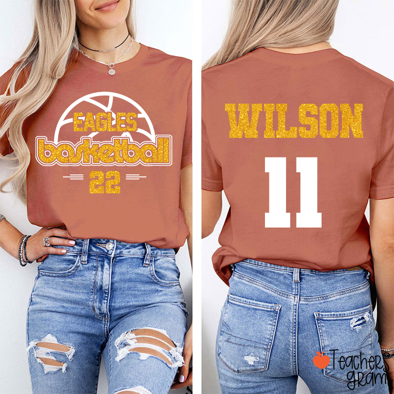 Personalized Mascot And Sport Faux Glitter Teacher Two Sided T-Shirt