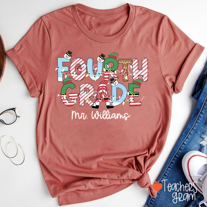Personalized Grade And Name Christmas Teacher T-Shirt