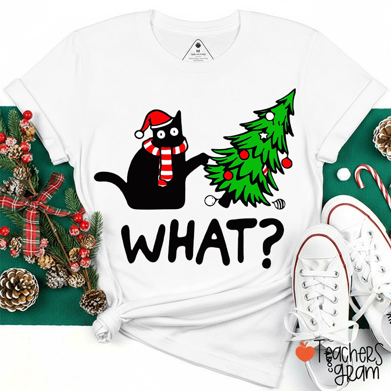 Cat Pushes Christmas Tree Teacher T-Shirt