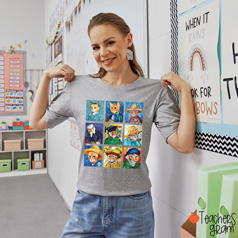 Funny Cats Painting Van Gogh Art Lover Teacher T-Shirt