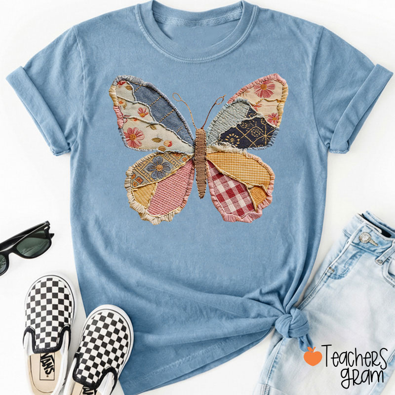Comfort Colors Faux Patchwork Butterfly Teacher T-Shirt