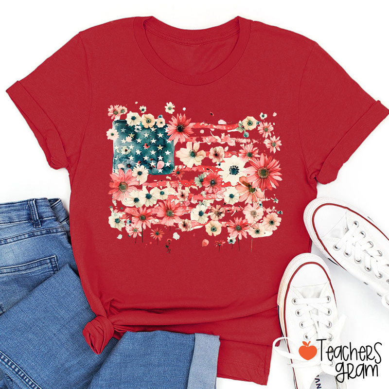 American Flag Floral Teacher T-Shirt