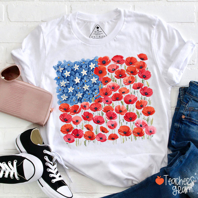 Floral USA Flag 250th Anniversary Teacher T-Shirt