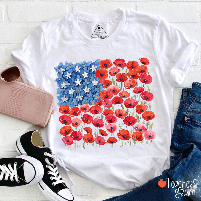 Floral USA Flag 250th Anniversary Teacher T-Shirt