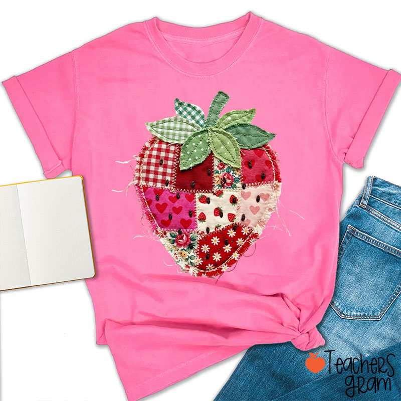 Faux Patchwork Strawberry Teacher T-Shirt