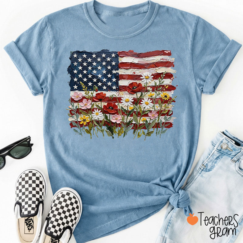 American Flag Floral Teacher T-Shirt