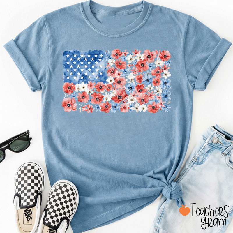 Vintage Floral USA Flag Teacher T-Shirt