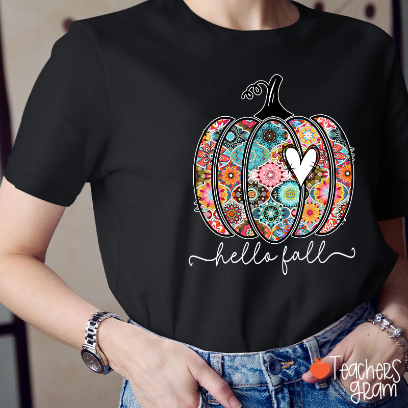 Personalized Text Flowers Pumpkin Fall Teacher T-Shirt