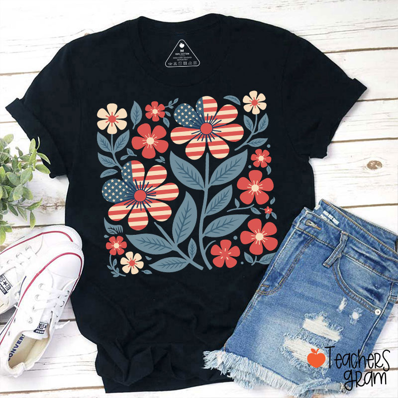Boho Patriotic Daisy Teacher T-Shirt