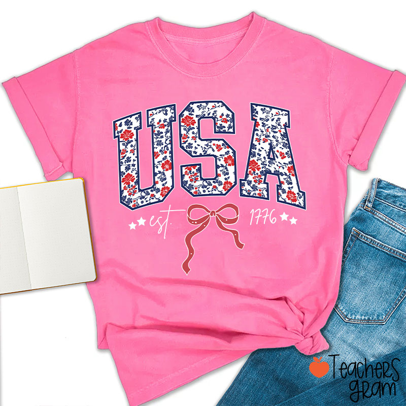 Floral USA Coquette Patriotic Teacher T-Shirt