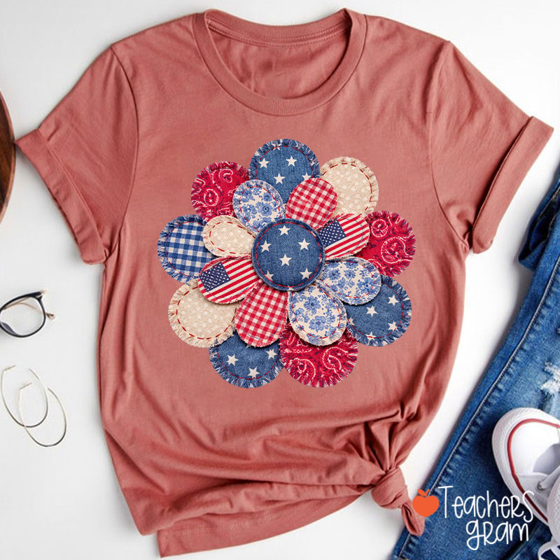 Faux Patchwork American Flag Flower Teacher T-Shirt