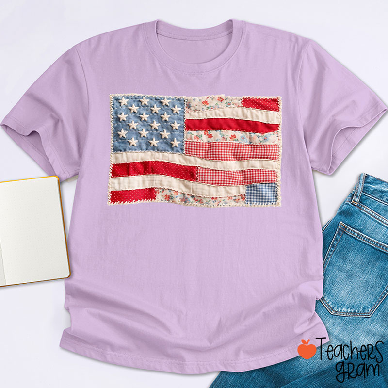 Faux Patchwork American Flag Teacher T-Shirt