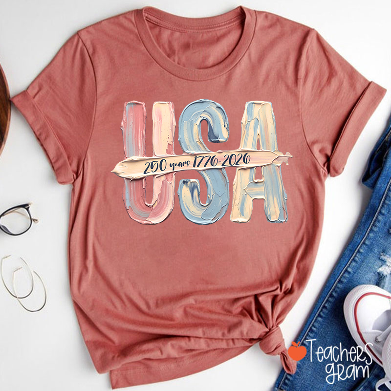Watercolor USA 250 Years Teacher T-Shirt