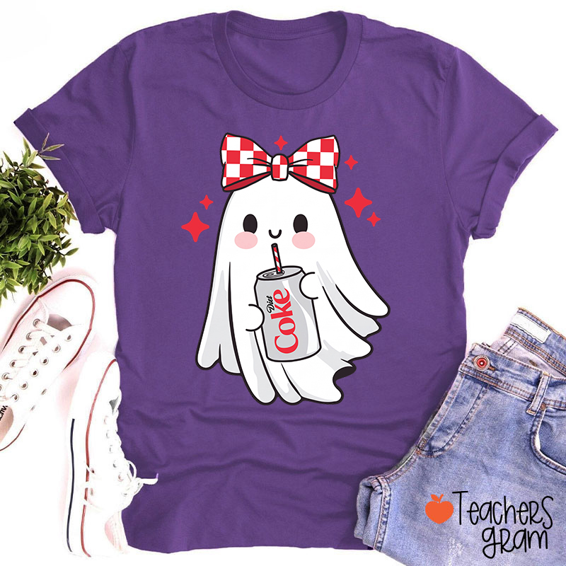 Cute Ghost With Red Checkered Bow Soda Drink Halloween Teacher T-Shirt