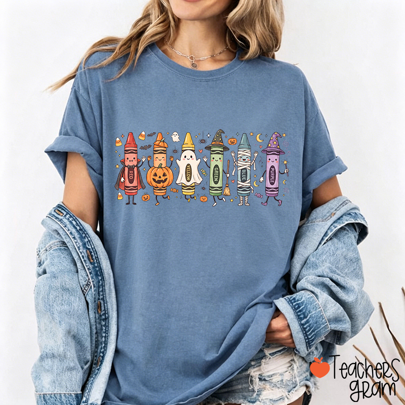 Halloween Cartoon Crayons Character Teacher T-Shirt