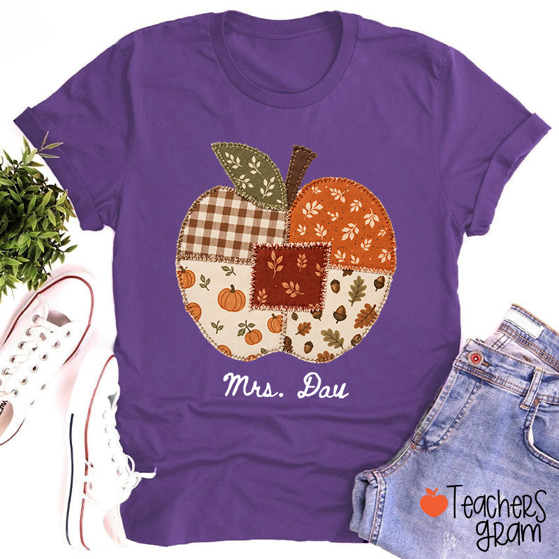 Personalized Name Faux Patchwork Punkpkin Teacher T-Shirt