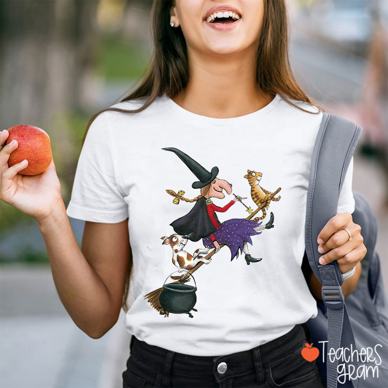 Witch Dog Cat Dark Gothic Halloween Teacher T-Shirt