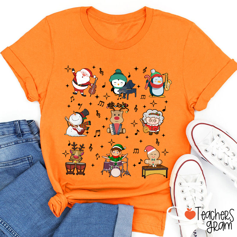 Cute Christmas Cartoons Playing Musical Instruments TeacherT-Shirt
