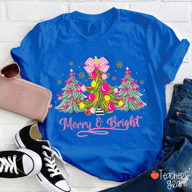 Fantasy Bow Christmas Tree Merry And Bright Christmas Teacher T-Shirt